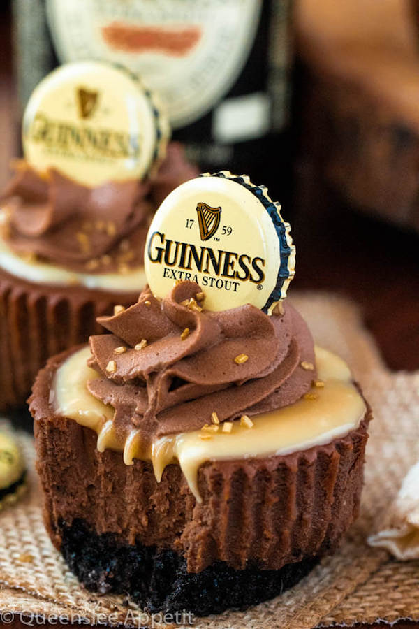 Mini Guinness Chocolate Cheesecakes with White Chocolate Baileys Ganache and Guinness Chocolate Whipped Cream