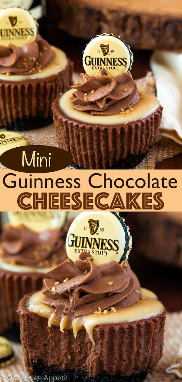 Mini Guinness Chocolate Cheesecakes with White Chocolate Baileys Ganache and Guinness Chocolate Whipped Cream