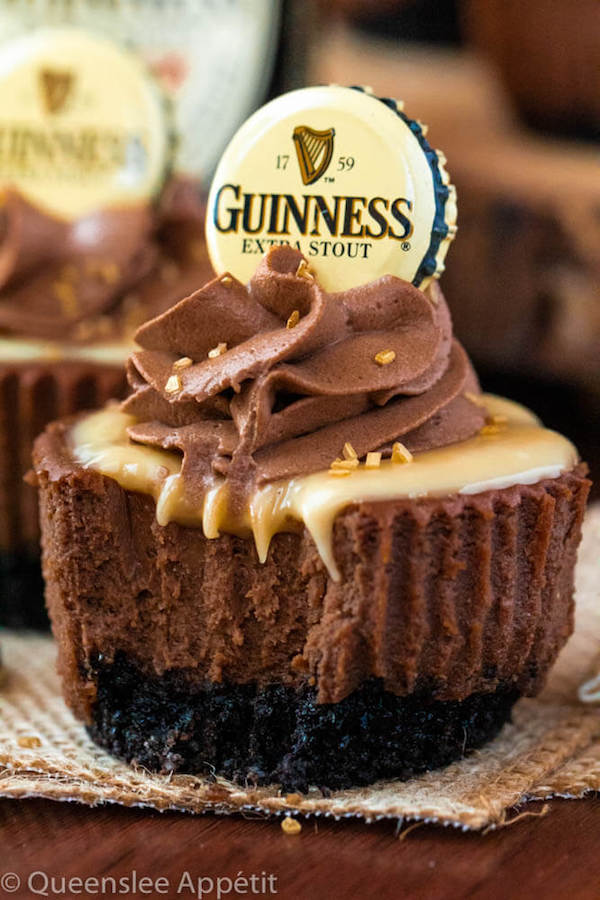 Mini Guinness Chocolate Cheesecakes with White Chocolate Baileys Ganache and Guinness Chocolate Whipped Cream