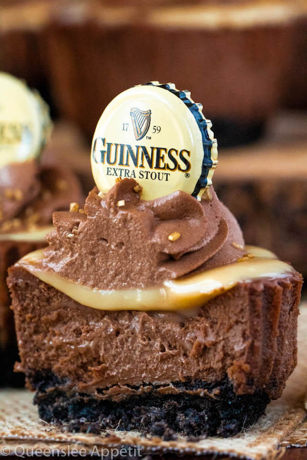 Mini Guinness Chocolate Cheesecakes with White Chocolate Baileys Ganache and Guinness Chocolate Whipped Cream