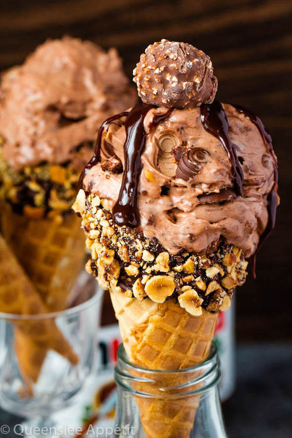 No-Churn Ferrero Rocher Nutella Ice Cream with Chocolate Hazelnut Cones