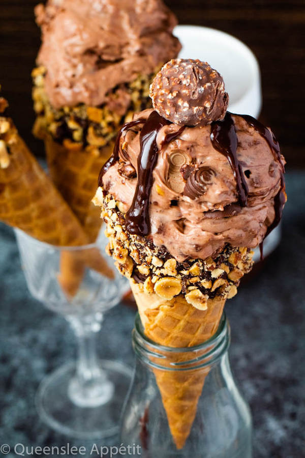 No-Churn Ferrero Rocher Nutella Ice Cream with Chocolate Hazelnut Cones and Nutella Ganache and Ferrero Rocher on top