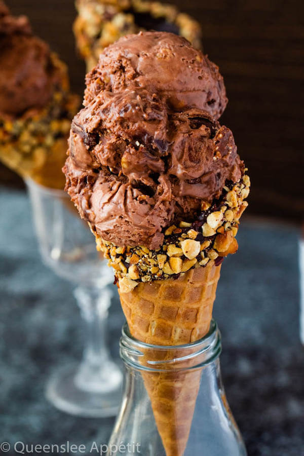 No-Churn Ferrero Rocher Nutella Ice Cream with Chocolate Hazelnut Cones