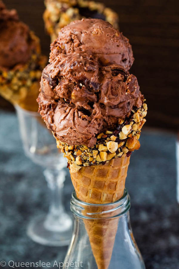 No-Churn Ferrero Rocher Nutella Ice Cream with Chocolate Hazelnut Cones