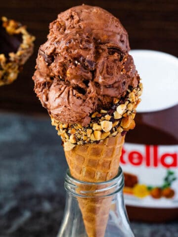 No-Churn Ferrero Rocher Nutella Ice Cream with Chocolate Hazelnut Cones