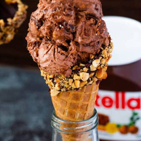 No-Churn Ferrero Rocher Nutella Ice Cream with Chocolate Hazelnut Cones