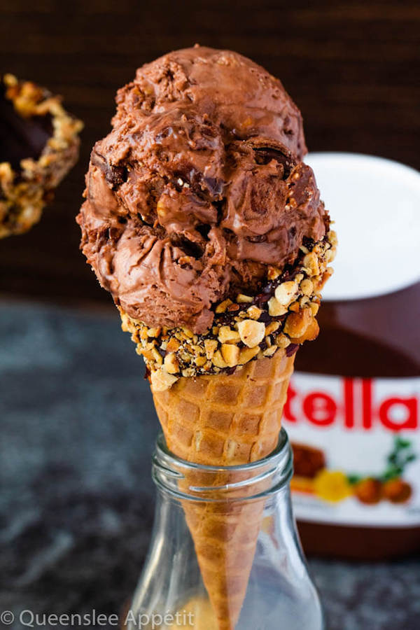 No-Churn Ferrero Rocher Nutella Ice Cream with Chocolate Hazelnut Cones