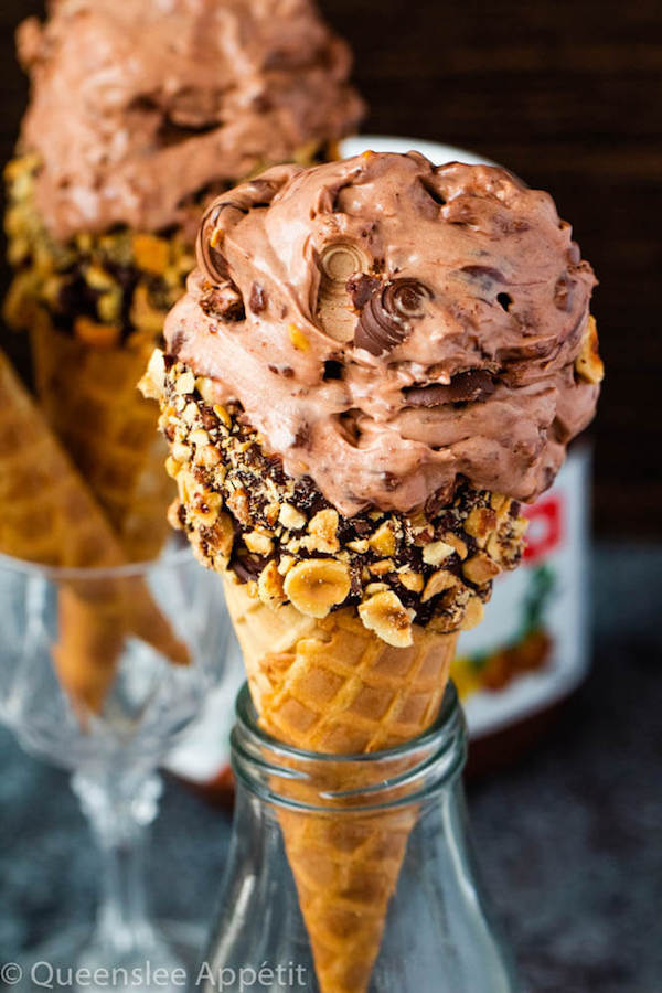 No-Churn Ferrero Rocher Nutella Ice Cream with Chocolate Hazelnut Cones