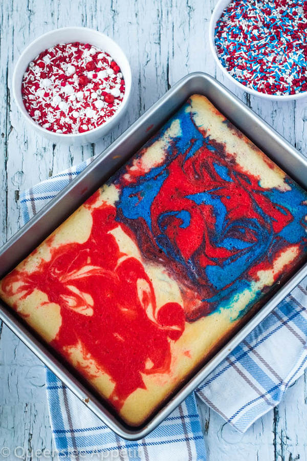 red, white and blue sheet cake