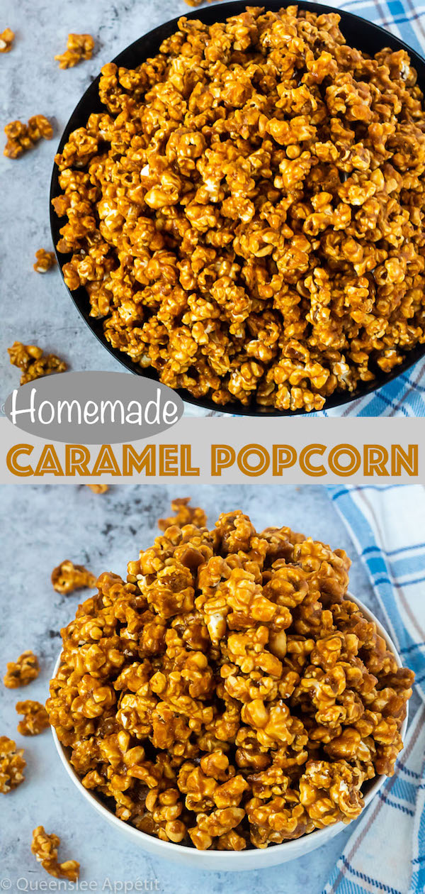 This Homemade Caramel Popcorn is made with a delicious homemade caramel sauce for a sweet, buttery, crunchy and fun snack that’s far better than the store-bought version! 