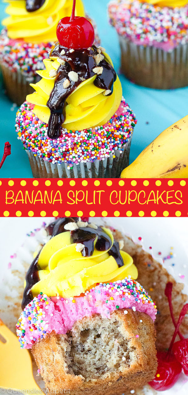 moist and delicious banana cupcake that’s been decorated with strawberry and vanilla buttercream, colourful sprinkles, chocolate sauce, chopped nuts and a bright red cherry on top