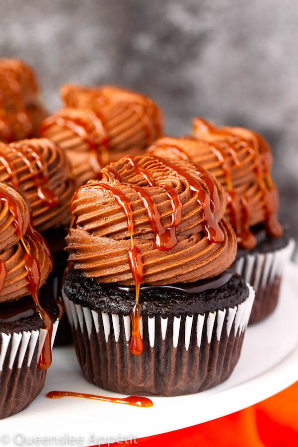 chocolate cupcakes with ganache, chocolate caramel cream cheese frosting, salted caramel on top