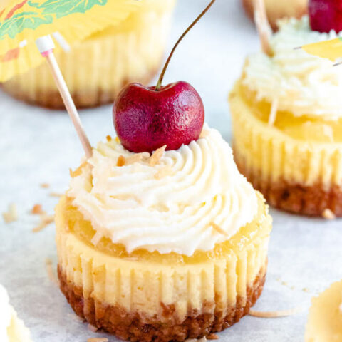 mini piña colada cheesecakes with pineapple sauce, coconut whipped cream, toasted coconut and a cherry on top.