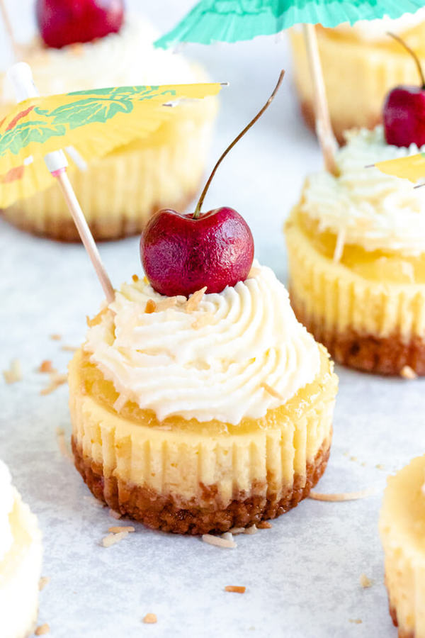 mini piña colada cheesecakes with pineapple sauce, coconut whipped cream, toasted coconut and a cherry on top.