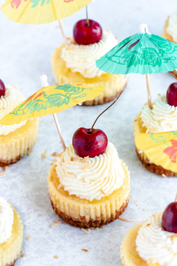 mini piña colada cheesecakes with pineapple sauce, coconut whipped cream, toasted coconut and a cherry on top.