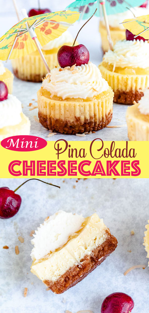 mini piña colada cheesecakes with pineapple sauce, coconut whipped cream, toasted coconut and a cherry on top.