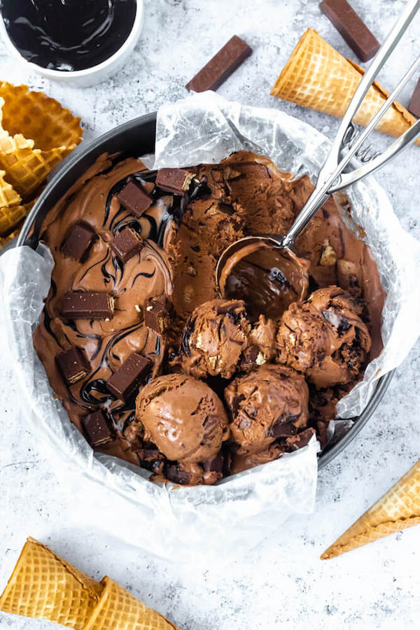 no-churn chocolate ice cream loaded with chopped kit-lats and swirled with hot fudge sauce