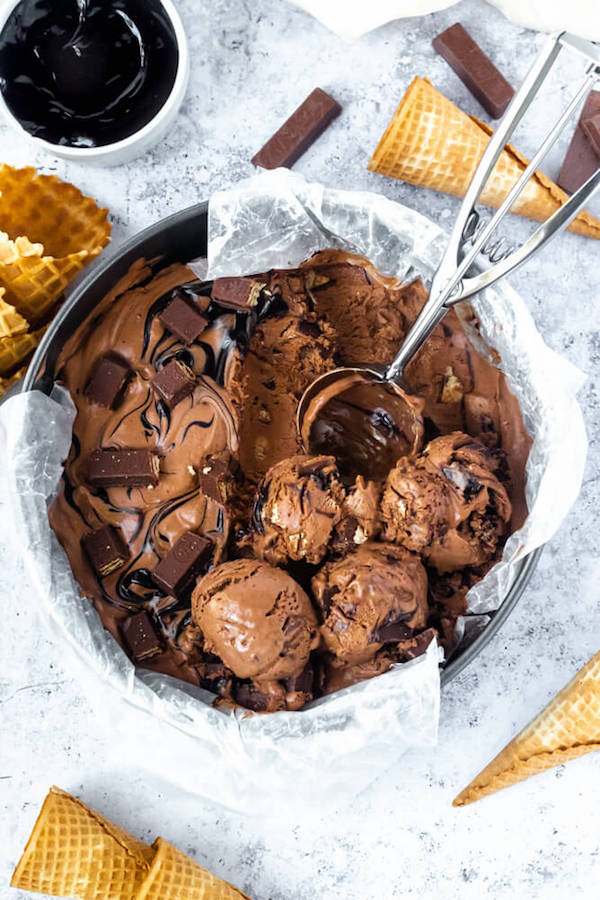 no-churn chocolate ice cream loaded with chopped kit-lats and swirled with hot fudge sauce