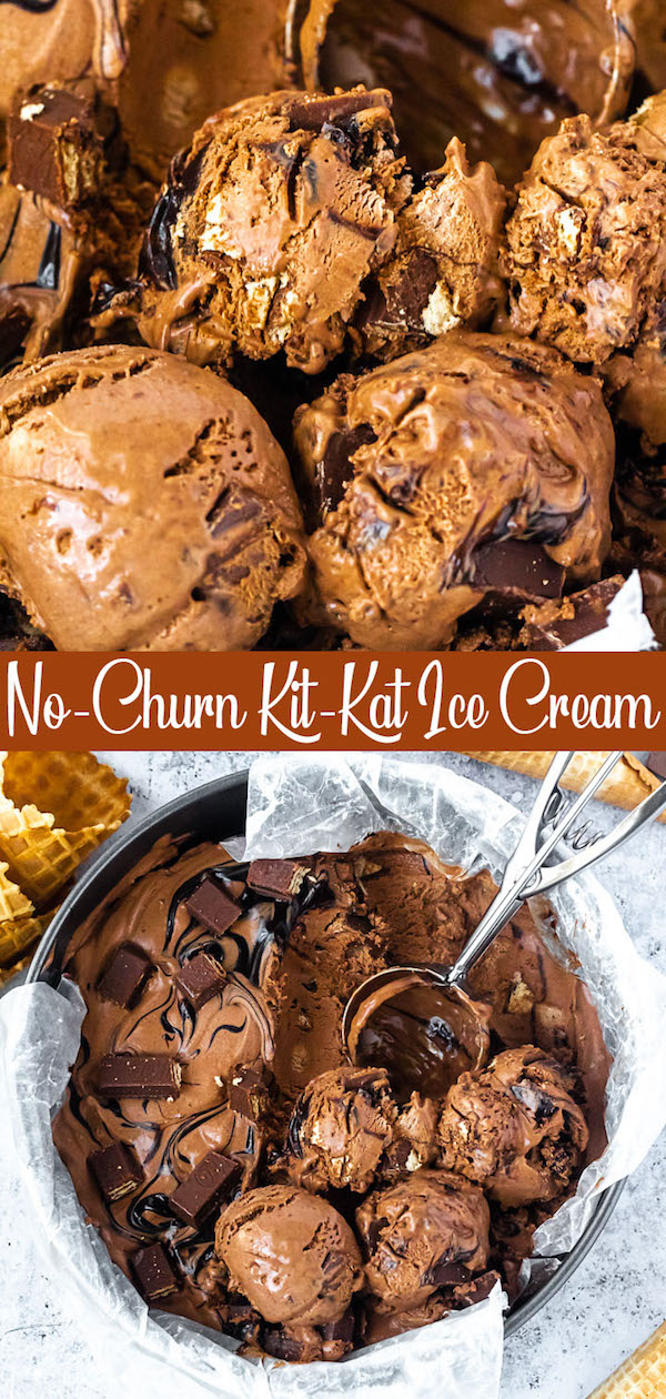 no-churn chocolate ice cream loaded with chopped kit-lats and swirled with hot fudge sauce