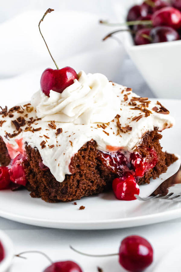 chocolate cake filled with cherry pie filling and topped with whipped cream, chocolate shavings and a cherry