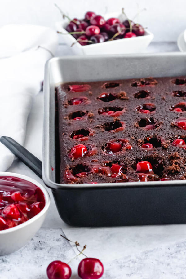 chocolate cake filled with cherry pie filling