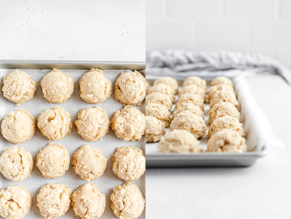 scoops of cookie dough on a parchment lined cookie sheet