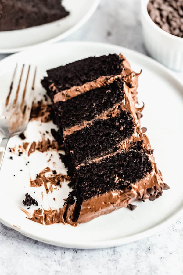 slices of chocolate cake with fudge frosting