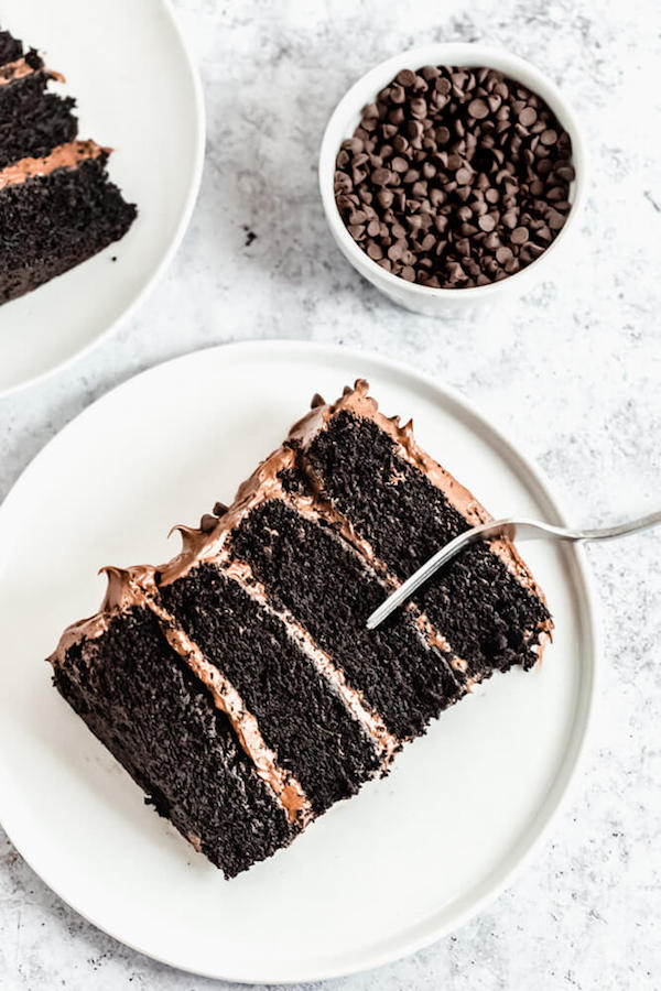 slices of chocolate cake with fudge frosting