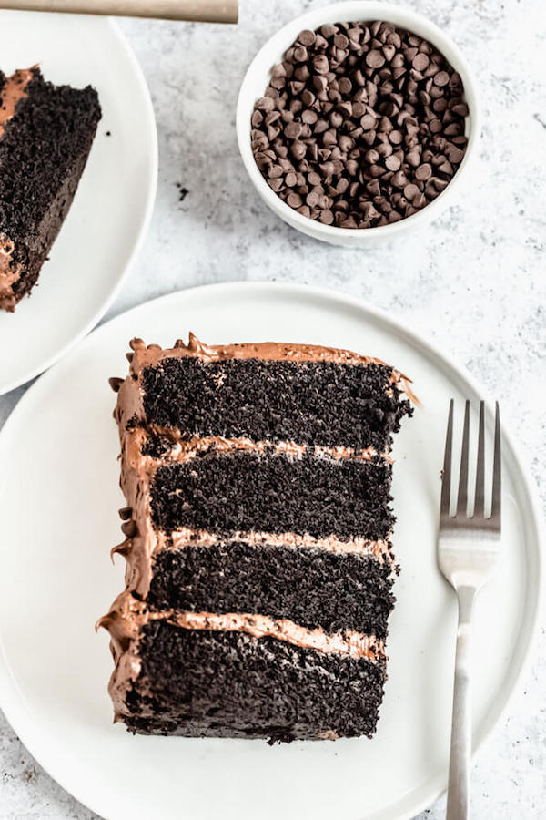 slices of chocolate cake with fudge frosting