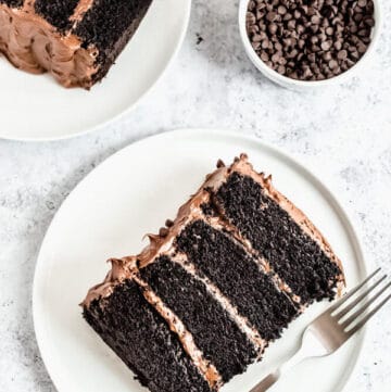 slices of chocolate cake with fudge frosting