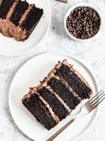 slices of chocolate cake with fudge frosting