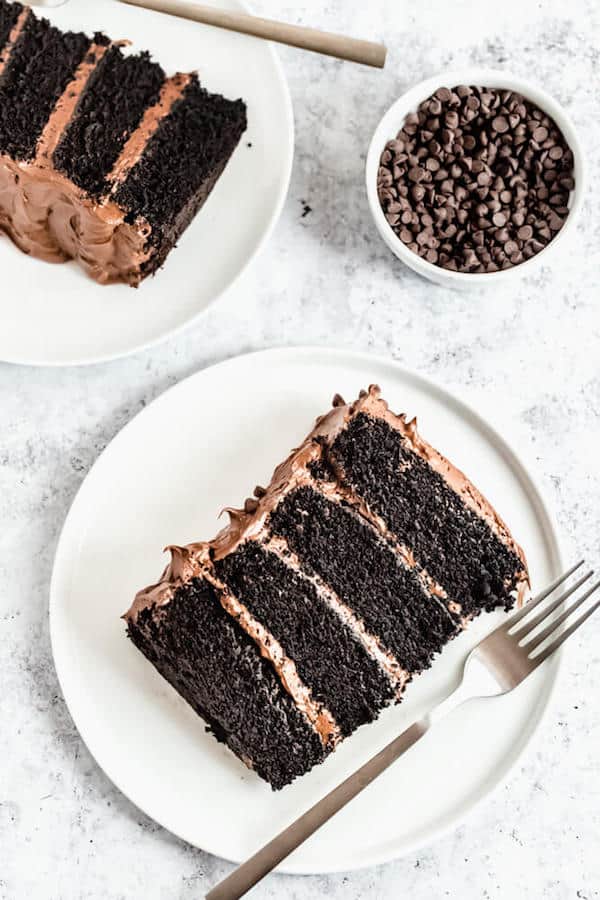 slices of chocolate cake with fudge frosting