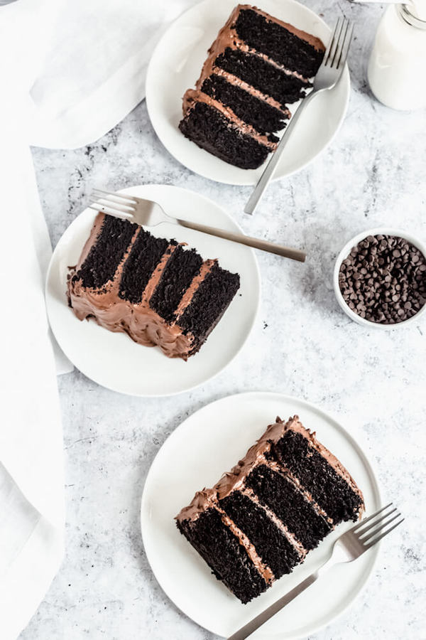 slices of chocolate cake with fudge frosting