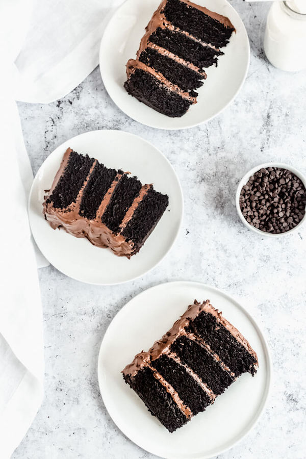 slices of chocolate cake with fudge frosting