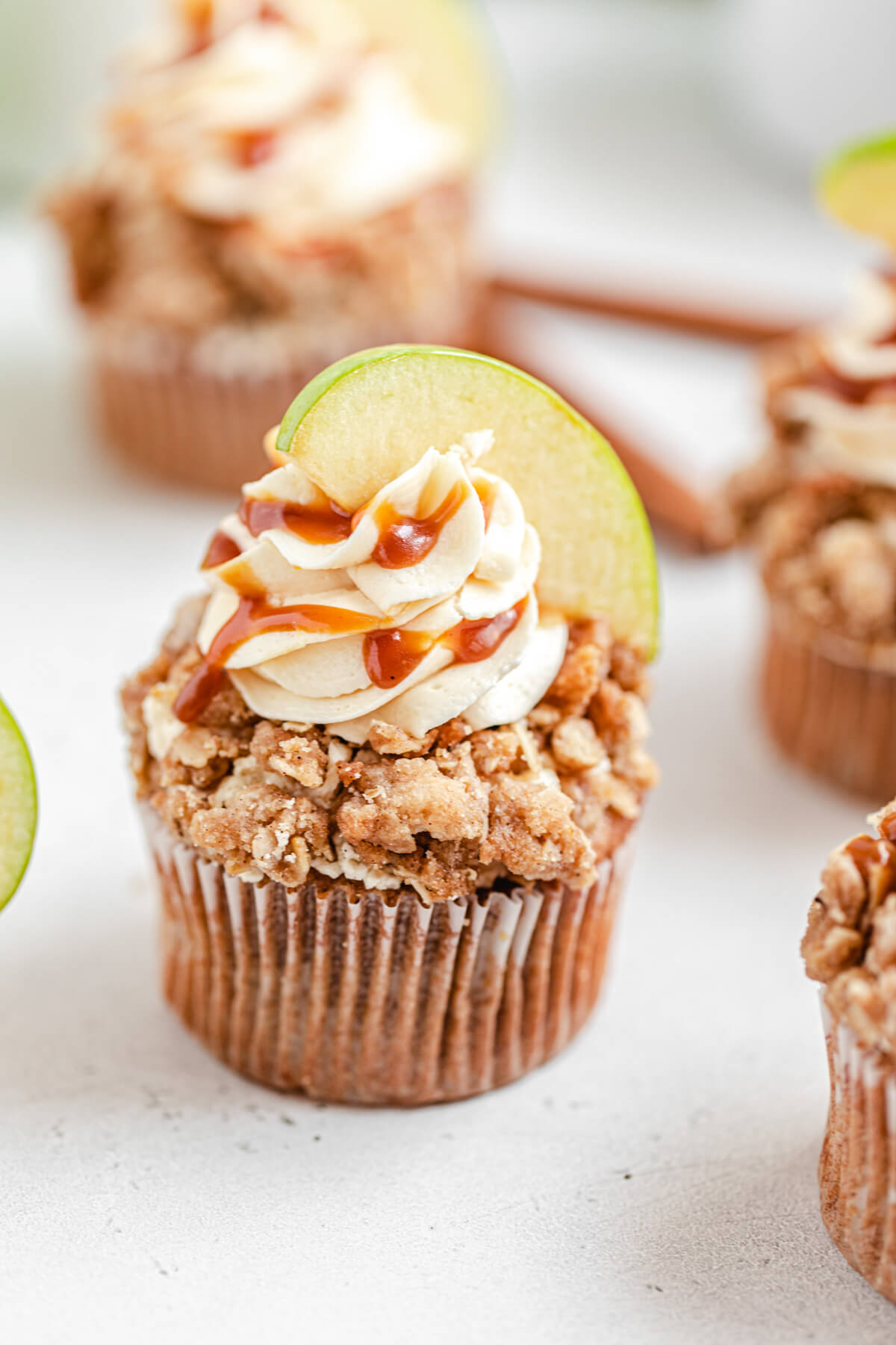 angled top view of apple and crumble cupcakes