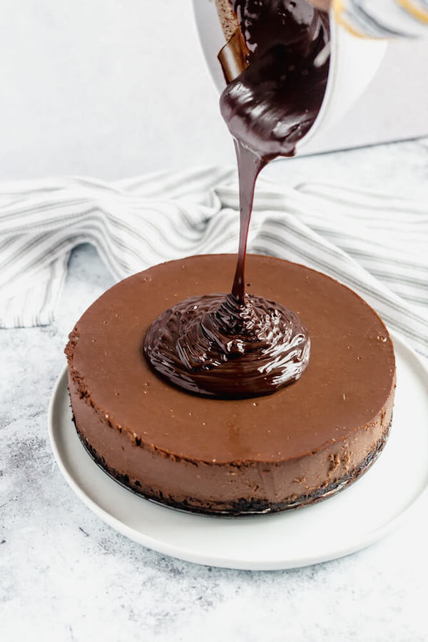 chocolate cheesecake topped with chocolate ganache