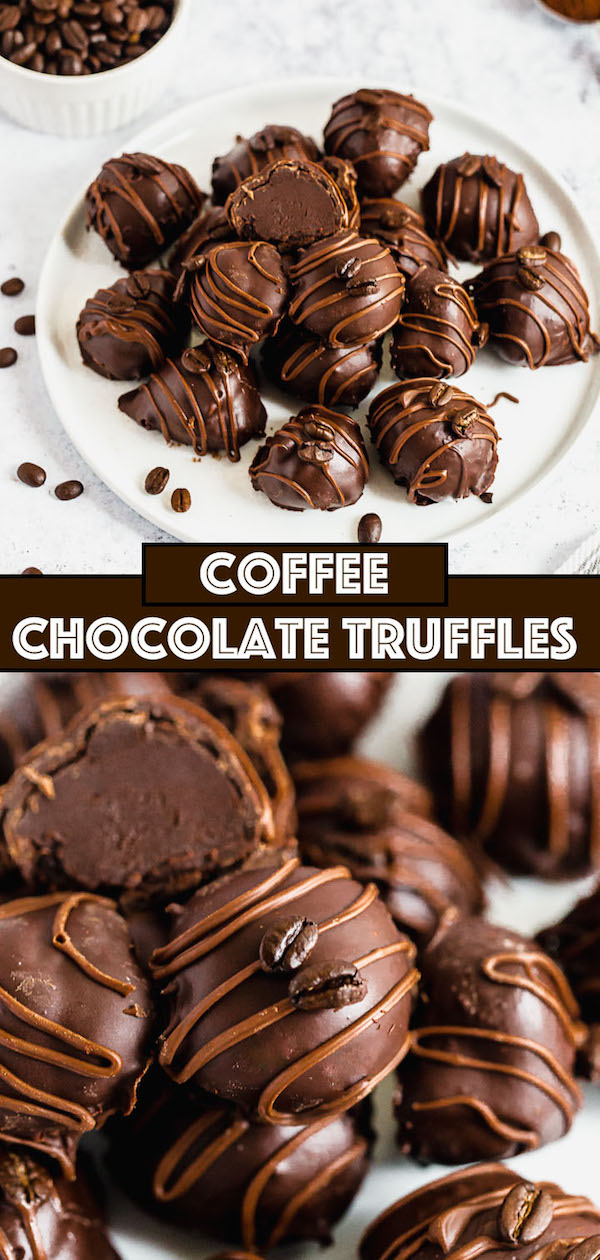 coffee ganache truffles coated in dark chocolate and drizzled with milk chocolate and whole coffee beans