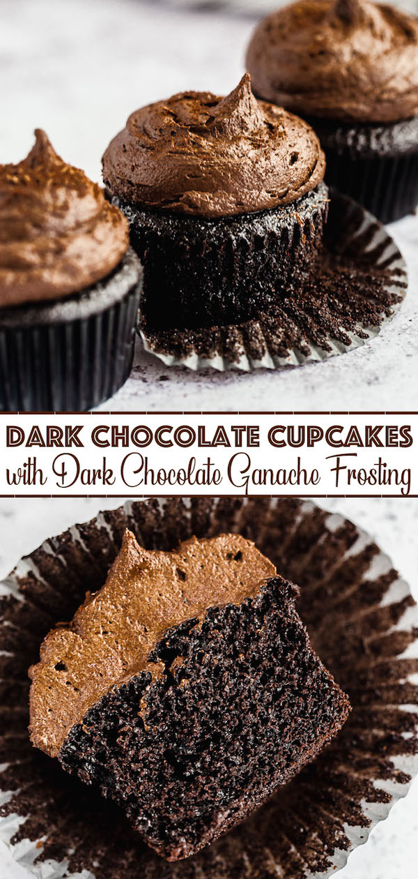 dark chocolate cupcakes topped with dark chocolate ganache frosting