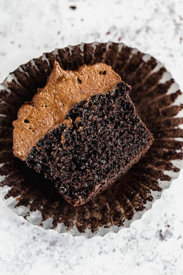 dark chocolate cupcakes topped with dark chocolate ganache frosting