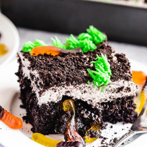 dark chocolate cake filled with chocolate pudding, Oreo crumbs, gummy worms and topped with Oreo cream cheese frosting, green grass buttercream and more Oreo crumbs and gummy worms