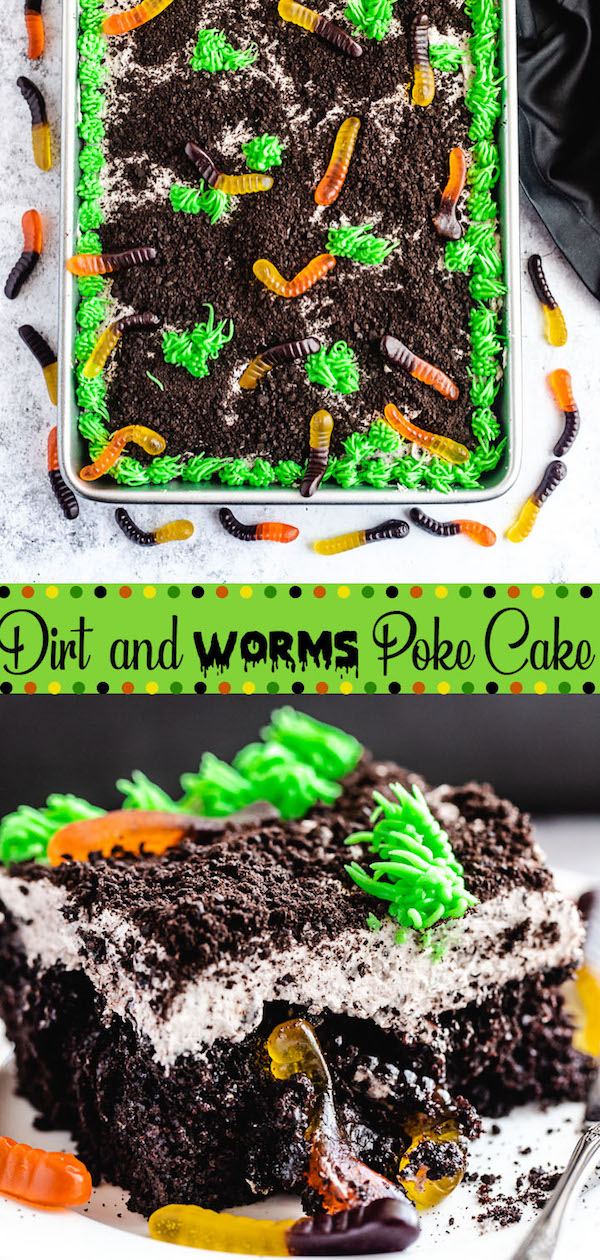 dark chocolate cake filled with chocolate pudding, Oreo crumbs, gummy worms and topped with Oreo cream cheese frosting, green grass buttercream and more Oreo crumbs and gummy worms