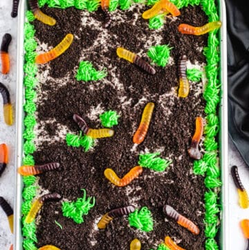 dark chocolate cake filled with chocolate pudding, Oreo crumbs, gummy worms and topped with Oreo cream cheese frosting, green grass buttercream and more Oreo crumbs and gummy worms