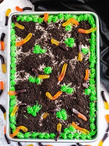 dark chocolate cake filled with chocolate pudding, Oreo crumbs, gummy worms and topped with Oreo cream cheese frosting, green grass buttercream and more Oreo crumbs and gummy worms