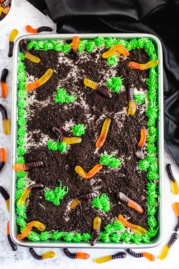 dark chocolate cake filled with chocolate pudding, Oreo crumbs, gummy worms and topped with Oreo cream cheese frosting, green grass buttercream and more Oreo crumbs and gummy worms