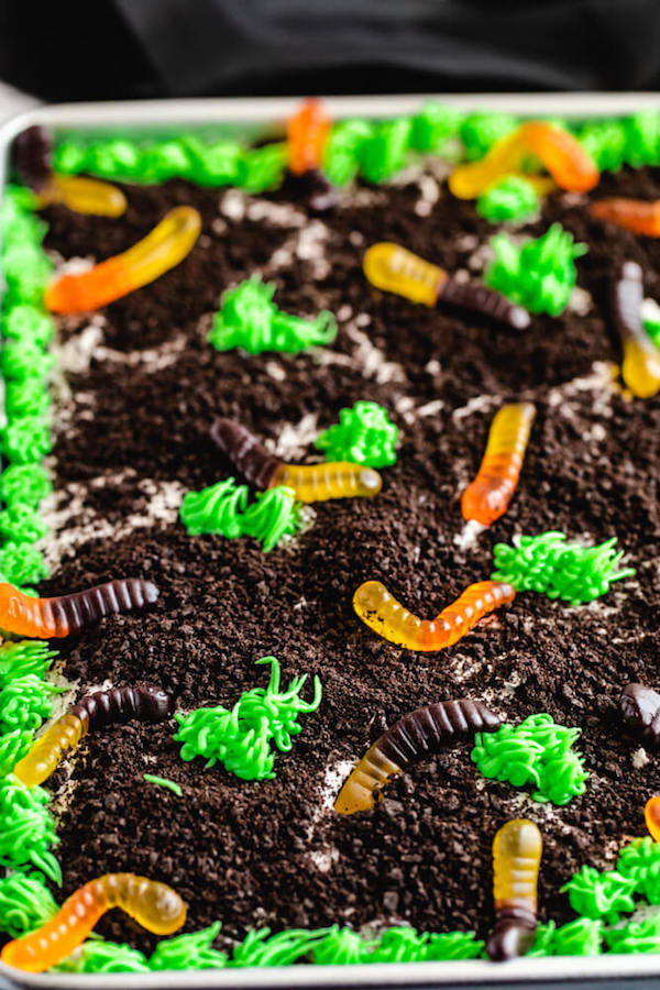 dark chocolate cake filled with chocolate pudding, Oreo crumbs, gummy worms and topped with Oreo cream cheese frosting, green grass buttercream and more Oreo crumbs and gummy worms