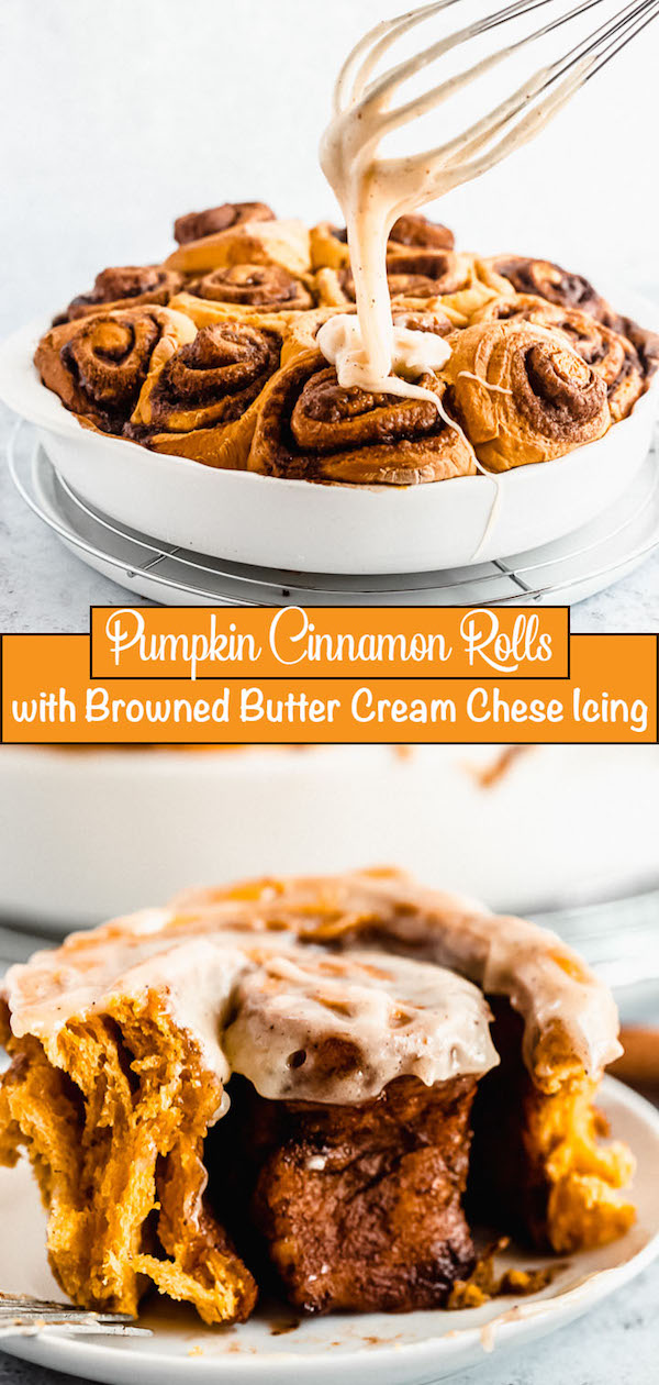 pumpkin cinnamon rolls topped with browned butter cream cheese icing