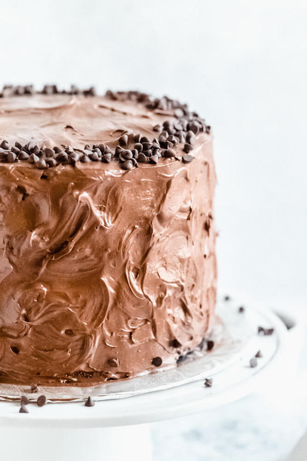 chocolate fudge cake on a cake stand