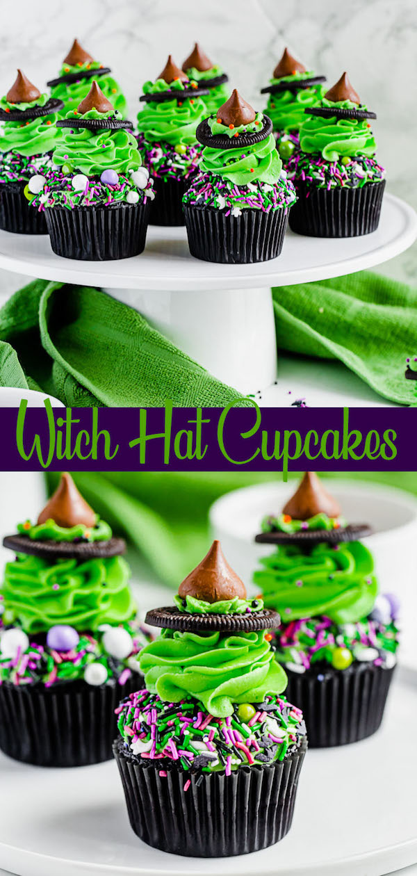black chocolate cupcakes topped with green buttercream and witch hats