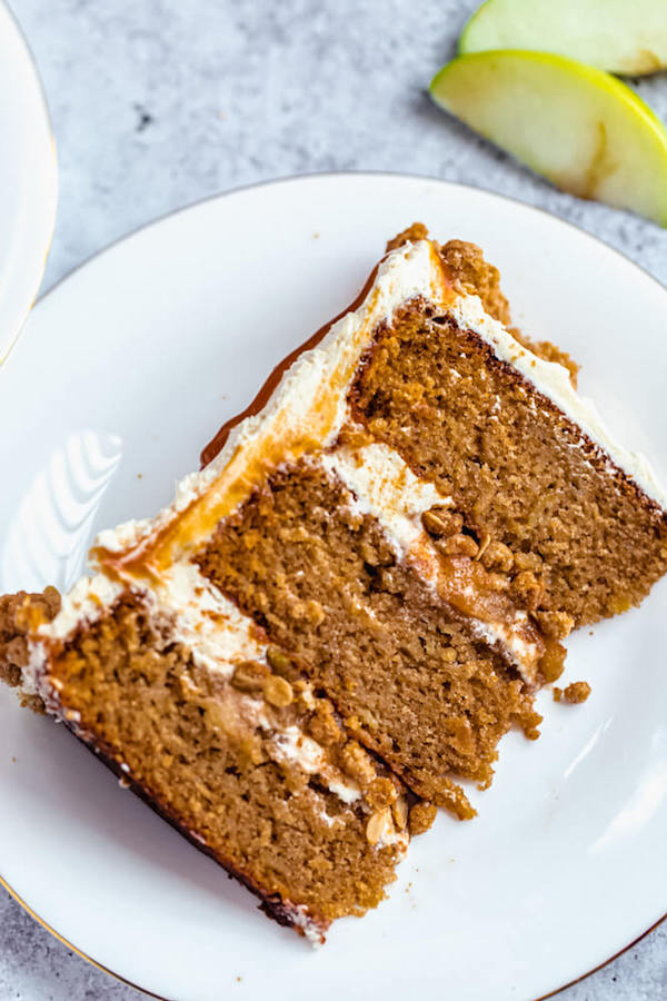 slice of apple crumble cake on a plate