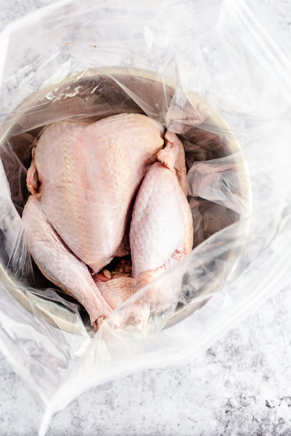 raw turkey inside a roasting bag